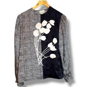 Vintage 80s Lloyd Williams Blouse Size 10 Floral Houndstooth Satin Art Deco B&W